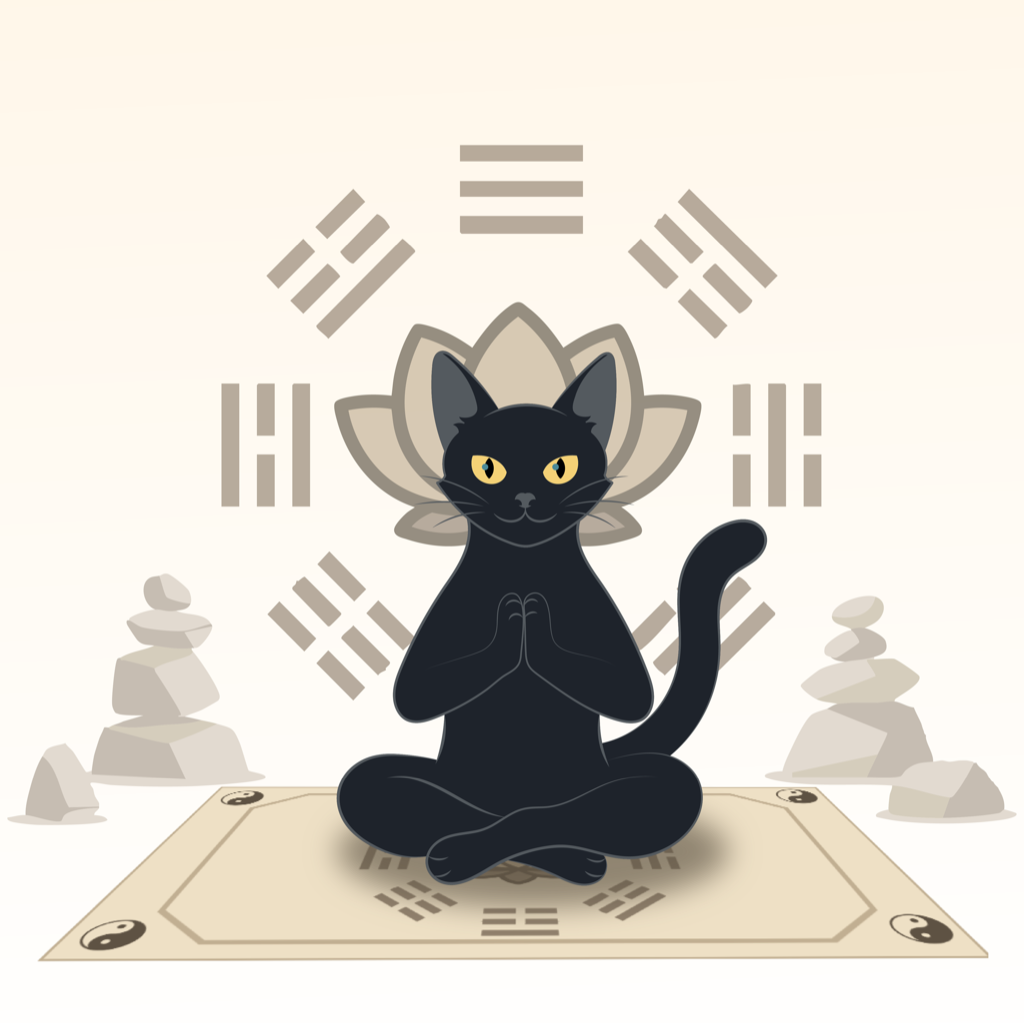 Minino meditando, rodeado de trigramas del bagua